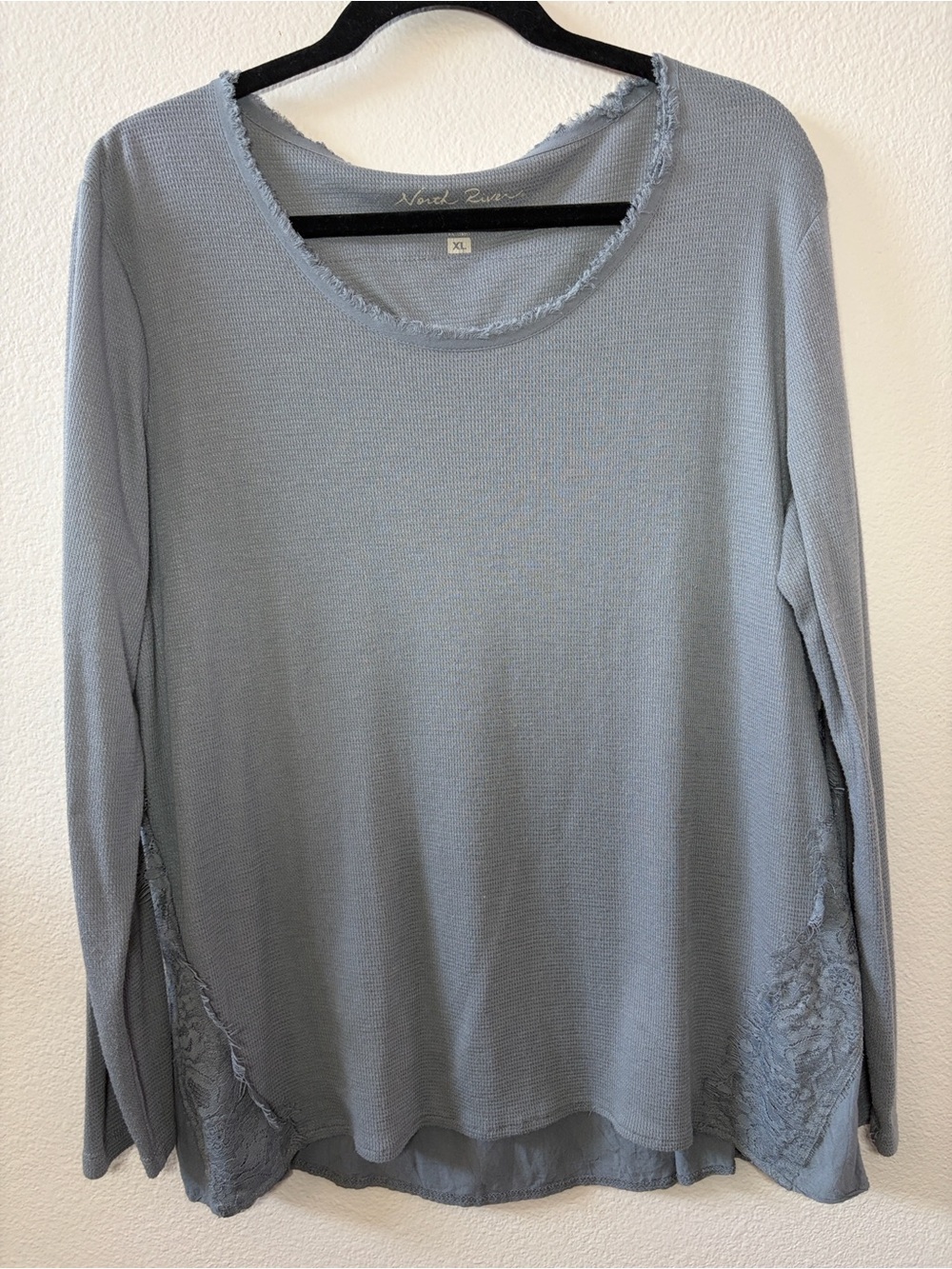 Light Slate Blue Long-Sleeve Waffle Knit Top With lace Accents